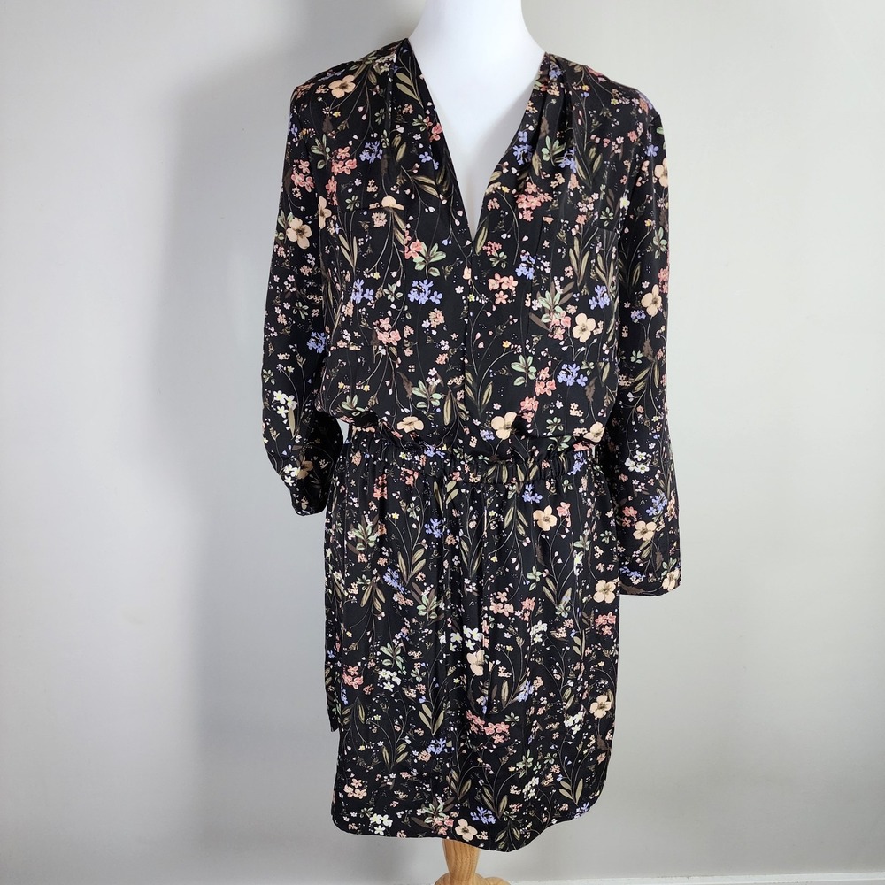 Joe Floral Shirt Dress Womens S Black Drawstring Boho Career Chiffon Whimsigoth